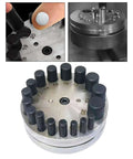 Round Disc Cutter Set For Jewelry Making And Metal Crafting, 17 Die Punch Kit with Hole Puncher showing disc alignment and 4mm to 20mm cuts.