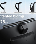 Quntis Monitor Light Bar ScreenLinear LED Lamp with Auto Dimming Ra98 No Glare on a computer screen with adjustable clamp