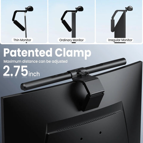 Quntis Monitor Light Bar ScreenLinear LED Lamp with Auto Dimming Ra98 No Glare on a computer screen with adjustable clamp