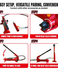 Step-by-step instructions for Big Red 4 Ton Porta Power Auto Body Repair Kit setup with hydraulic pump and ram assembly.