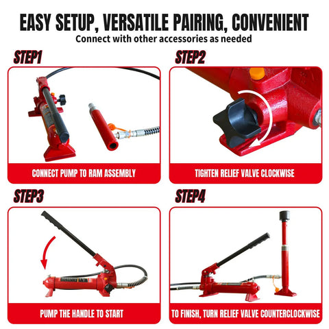 Step-by-step instructions for Big Red 4 Ton Porta Power Auto Body Repair Kit setup with hydraulic pump and ram assembly.