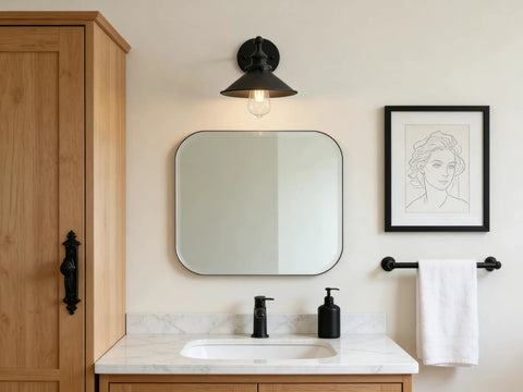 Black Industrial Wall Sconce With 8.1 Inch Metal Shade Vintage Retro Vibe 1 Light Wall Lamp installed above bathroom mirror.