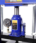 Front view of blue SRECELL 20-ton hydraulic shop press with pressure gauge and H-frame