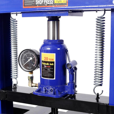 Front view of blue SRECELL 20-ton hydraulic shop press with pressure gauge and H-frame