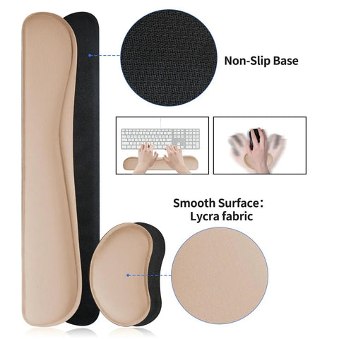 Close-up of beige Leather Desk Pad Set With Keyboard Wrist Rest And Mouse Wrist Rest, non-slip PU leather base, lycra surface.