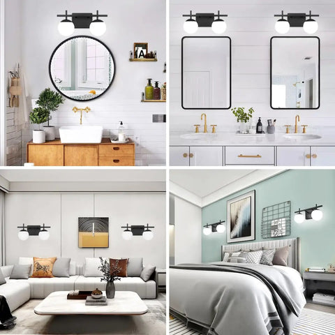 Two Light Black Vanity Light Fixtures With White Frosted Glass Globes Modern Mid Century Wall Sconces for bathroom, bedroom view