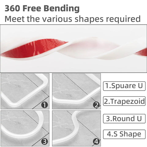 78 Inch Collapsible Shower Threshold Water Dam Barrier with Self Adhesive Silicone, showing flexible bending shapes.