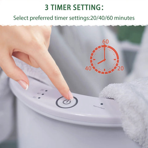 Person setting timer on Huge 20L Towel Warmer Bucket for Bathrooms Heats Ultra Fast to 130 C 266 F in Minutes Fits Two 40x70 Towels