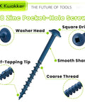 Diagram of #8 zinc pocket-hole screws with washer head, square drive, self-tapping tip, smooth shank, coarse thread.