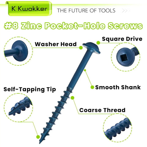Diagram of #8 zinc pocket-hole screws with washer head, square drive, self-tapping tip, smooth shank, coarse thread.