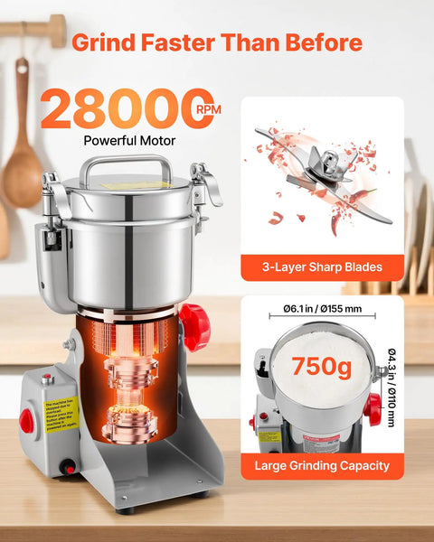 Electric Grain Mill Grinder 750g Capacity High Speed 2000W Commercial Pulverizer showing stainless steel design and capacity