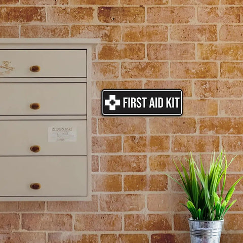 Durable Navy Blue And White First Aid Kit Sign Small 10 Pack With Heavy Duty Adhesive Foam Tape On Brick Wall