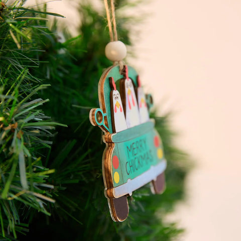 Chickmas Farmhouse Style 3D Wooden Christmas Ornament Four Inch Hanging Chicken Decor on tree