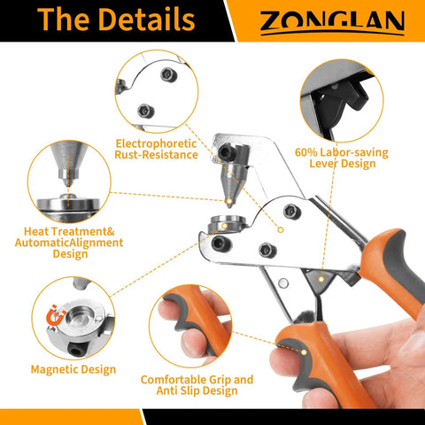 Heavy Duty Snap Fastener Tool Kit With 150 Sets Of Metal Snaps And Hoss Button Pliers equipped with ergonomic grips and details on functionality.