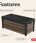 Side view of a Signature Collection 120 Gallon Resin Deck Box for Patio Gear Stash and Organization, Walnut material, lockable lid.