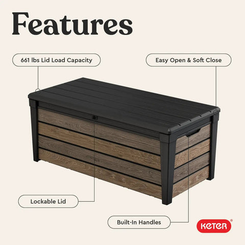 Side view of a Signature Collection 120 Gallon Resin Deck Box for Patio Gear Stash and Organization, Walnut material, lockable lid.