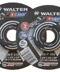 Two XCAVATOR 4.5 Inch Grinding Wheel Surface Finishing Wheel Pack of 25 A-16-P Grit, showing labeled front surfaces.
