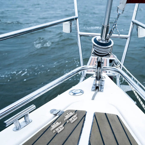 Stainless Steel Boat Door Latch Kit for Marine Hatches and Cabinet Doors, shown on yacht deck for secure access and safety.