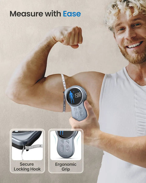Big Display Bluetooth Smart Tape Measure For Fitness And Weight Loss in use on flexed arm, showing 2.1-inch screen.