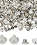 Hella Sturdy 100 Piece Brass Dome Studs Kit Featuring Easy Install Nailhead Screw Back Design For Heavy Duty Leather Repair showing various silver and white dome studs.