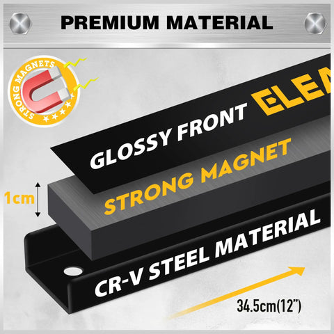Diagram showing dimensions of Beefy Magnetic Tool Holder Storage Organizer Set, 12-inch steel with strong magnets for garage organization.