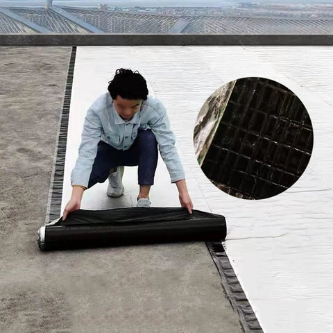 Person applying Pro Grade Self Healing Asphalt Tape on a roof for waterproof sealing and leak repair.