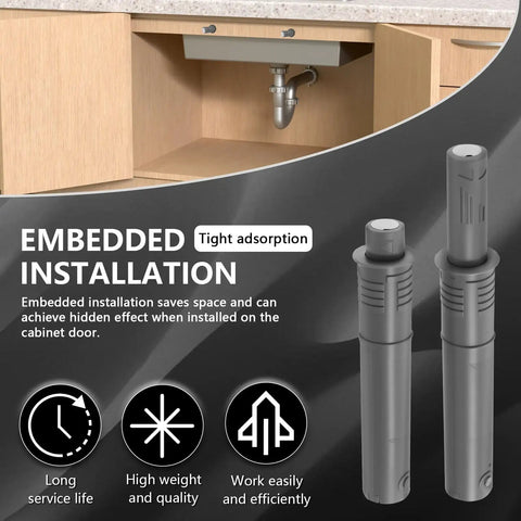 12 Pack Magnetic Push Latch for Cabinets and Drawers with Embedded Installation Details, Short Grey Finish, Stainless Steel Magnets