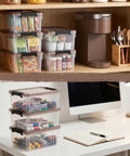 Eight Pack Small Clear Storage Bins With Lids 3.2 Qt Stackable Plastic Storage Containers For Organizing Toys Office Supplies Makeup Snacks Crafts And More, shown organizing snacks in kitchen cabinet and supplies on desk.