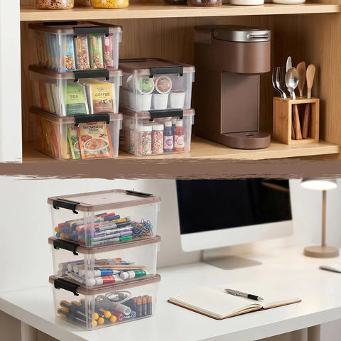 Eight Pack Small Clear Storage Bins With Lids 3.2 Qt Stackable Plastic Storage Containers For Organizing Toys Office Supplies Makeup Snacks Crafts And More, shown organizing snacks in kitchen cabinet and supplies on desk.