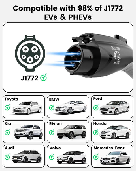 J1772 connector compatible with 98% EVs PHEVs, Level 2 EV Charger With NEMA 14-50 Plug 32A 25Ft Cable Portable 208V 240V EVSE