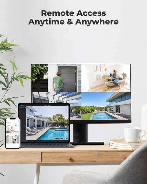 Home surveillance footage on monitor, tablet, and phone showing Hardwired Outdoor Security Cam PoE Dome With 5MP HD Night Vision