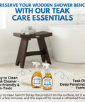 18 Inch Waterproof Teak Wood Shower Bench Stool Seat near bathtub with teak care products, towels on top