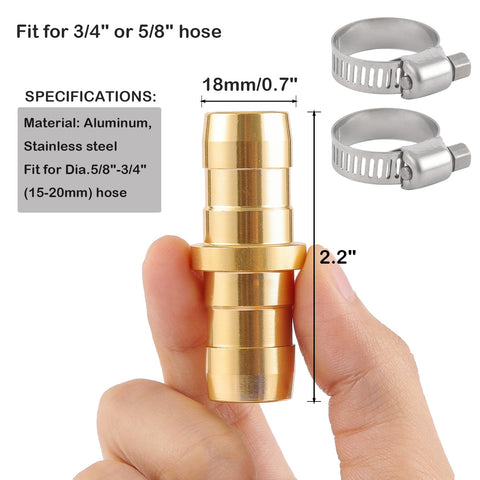 Close up of aluminum connector and stainless clamps for Two Pack Garden Hose Repair Kit With Stainless Clamp For Three Quarter To Five Eighth Inch Hoses Aluminum Durable Construction Quick And Easy Install Leak Free Connection For Standard Hoses.