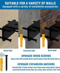 Diagram showing Ten Inch Floating Shelf Brackets Set Of Six Built Tough Heavy Duty Rustic Industrial Hidden Metal Brackets on wood, concrete, and brick walls.