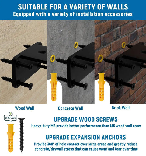 Installation examples of Ten Inch Floating Shelf Brackets Four Pack Heavy Duty Rustic Industrial Hidden Metal Mounts on wood, concrete, brick walls.