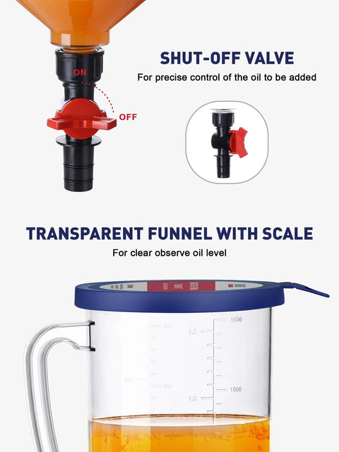 Engine Oil Funnel Kit With Spill Proof Design And Flow Control Valve, transparent polycarbonate funnel with scale, shut-off valve