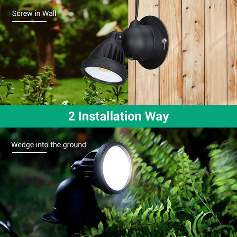 Outdoor Spotlight Kit 2 Pack Dusk To Dawn 120V 12W 4000K 1150LM IP65 LED mounted on wall and in-ground in garden setting.