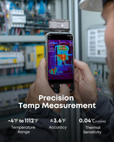 Person using USB-C Thermal Imaging Camera For Android And iPhone, Grab-And-Go Handheld Pro-Grade 320x240 Infrared Imager in electrical panel