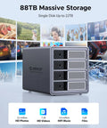 Heavy Duty Four Bay Aluminum Usb Three Zero External Hard Drive Enclosure Case With Rock Solid Rack Mount Design And Bad Ass Killer Storage Up To Eighty Eight Tera Bytes For Pro Video Editing And Massive Archives displayed with media collage.