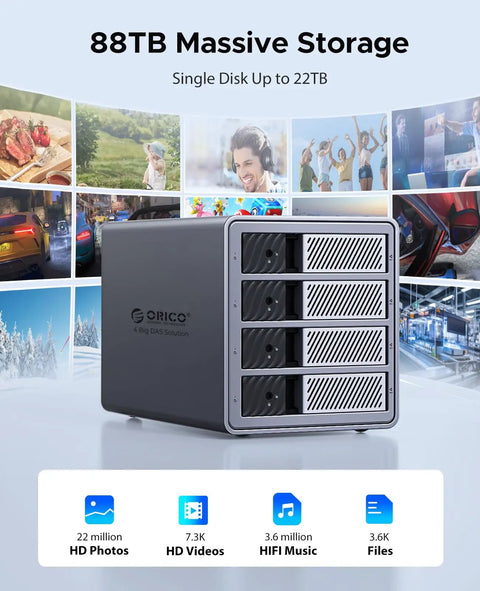 Heavy Duty Four Bay Aluminum Usb Three Zero External Hard Drive Enclosure Case With Rock Solid Rack Mount Design And Bad Ass Killer Storage Up To Eighty Eight Tera Bytes For Pro Video Editing And Massive Archives displayed with media collage.