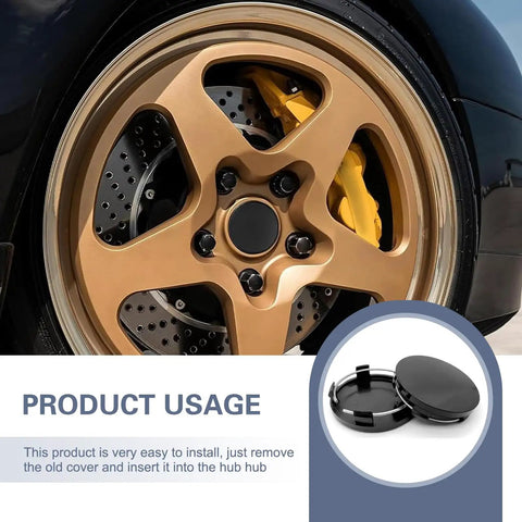 Easy Snap On Wheel Center Caps 4 Pack ABS Hub Covers OD 56 MM ID 60 MM Universal on a gold rim with black cover visible.