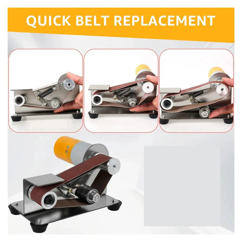 Ultra Compact Mini Electric Belt Sander With Grinder Set showing quick belt replacement mechanism for easy adjustments.