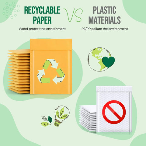 Yellow Kraft Padded Bubble Mailer 6x10 Inch Pack Of 100 Usable 6x9 Inch Size Recyclable Kraft Paper Envelope comparison with plastic