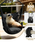 Cozy Hammock Chair With Two Cushions Hanging Rope Swing For Indoor Outdoor Patio Black Boho Macrame With Pocket And Hardware Kit Included Supports Up To 350 Lbs in a backyard with a seal lounging.