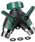 Front view: garden hose splitter 2-way with long green handles; dual outlets, metal threads, and three washers.