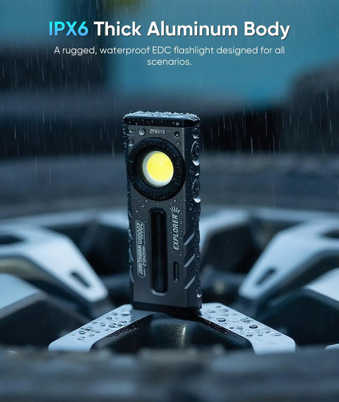 Beast Magnetic EDC Flashlight 2000 Lumens Rechargeable LED With RGB And UV Light on wet metal surface