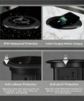Auto Rises Pop Up Outlet Slick Aluminum Desk Power Strip With Swappable Modules Quick Charge Ports And Optional Speaker Zero Clutter Vibe Ideal For Kitchen Islands Or Office Desks Looking Sharp, showcasing IP44 waterproof protection and wireless charging.