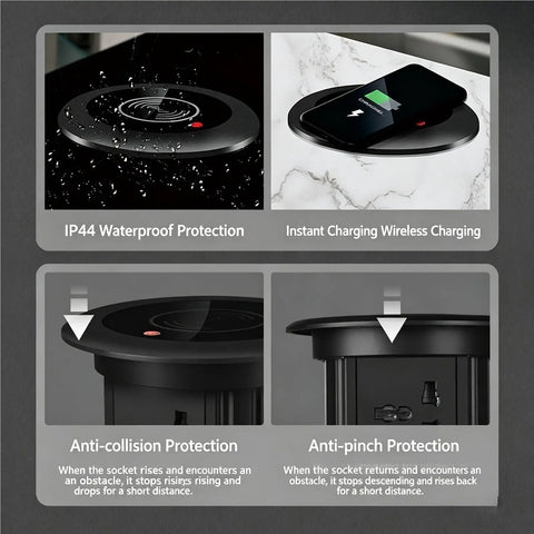 Auto Rises Pop Up Outlet Slick Aluminum Desk Power Strip With Swappable Modules Quick Charge Ports And Optional Speaker Zero Clutter Vibe Ideal For Kitchen Islands Or Office Desks Looking Sharp, showcasing IP44 waterproof protection and wireless charging.