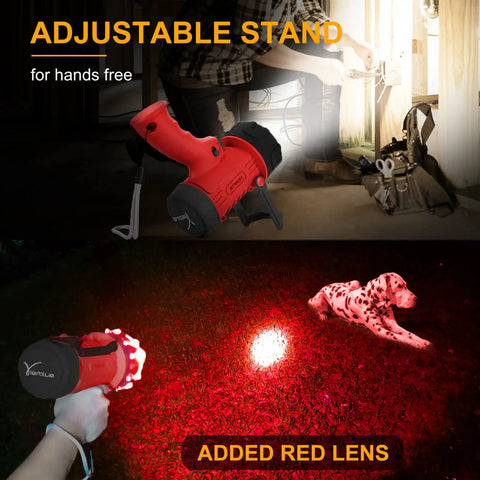 Beast Mode Rechargeable Spotlight with Two Million Lumen LED IP67 Waterproof Long Throw Searchlight in use with red lens and stand