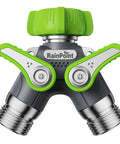 RainPoint 2-way garden hose splitter with metal body and green handles, front view, 3/4 inch GHT threads.